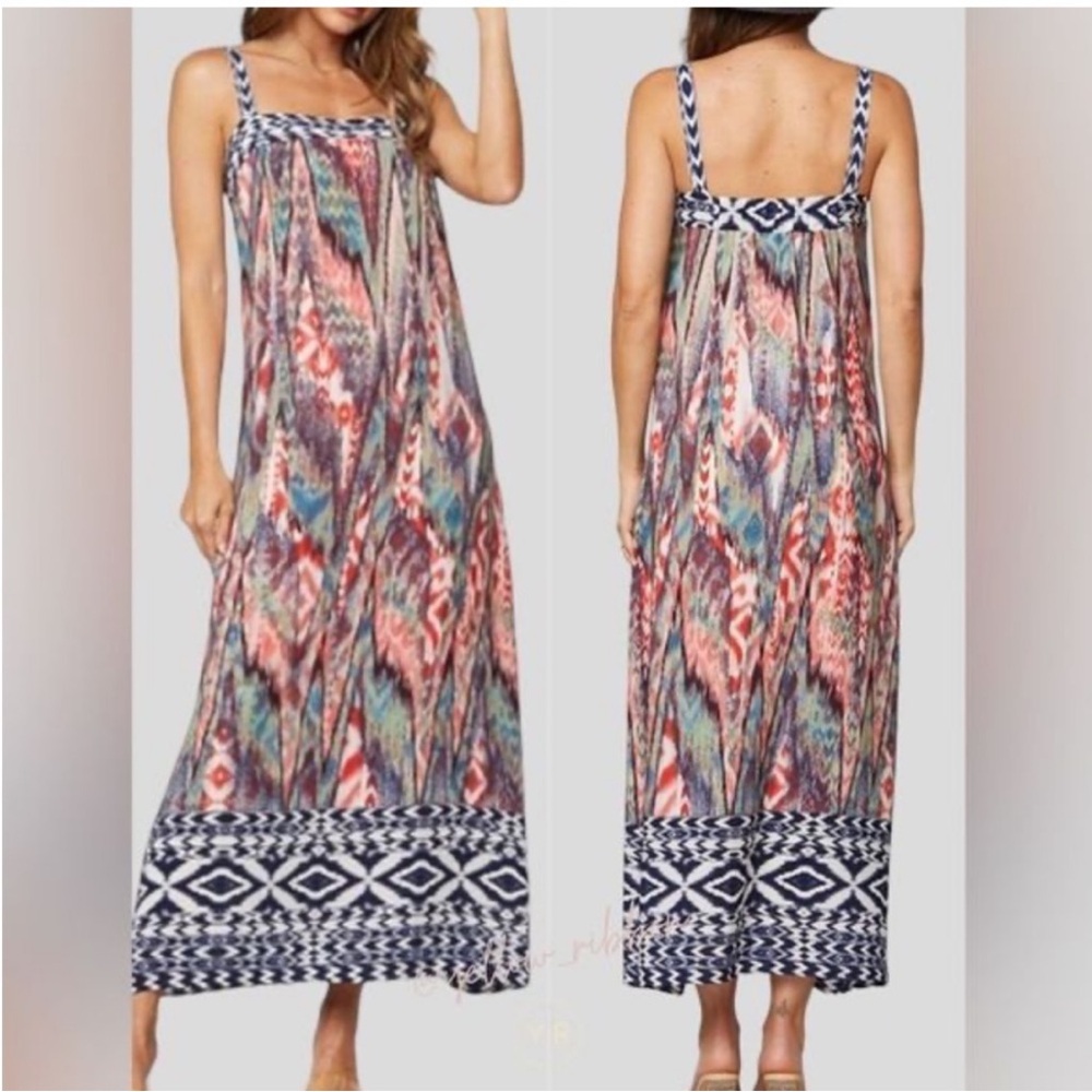 TYCHE Blue/Orange Print Square Neck Maxi Dress. Size Medium